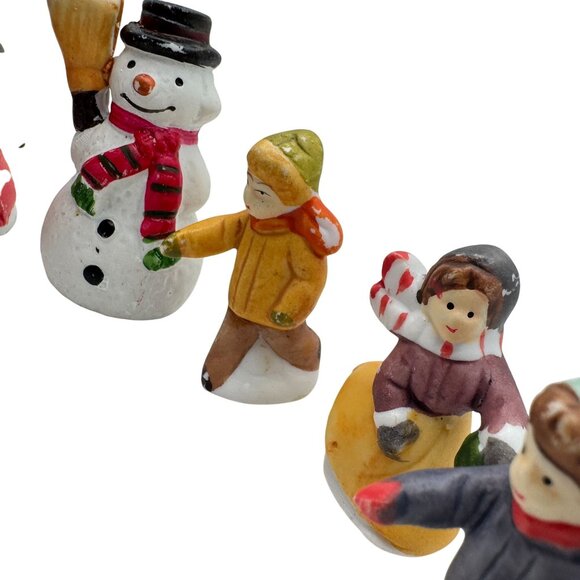 Lemax Set 7 Hand-Painted Ceramic Christmas Figurines With Snowman & Kids Playing - Picture 6 of 7
